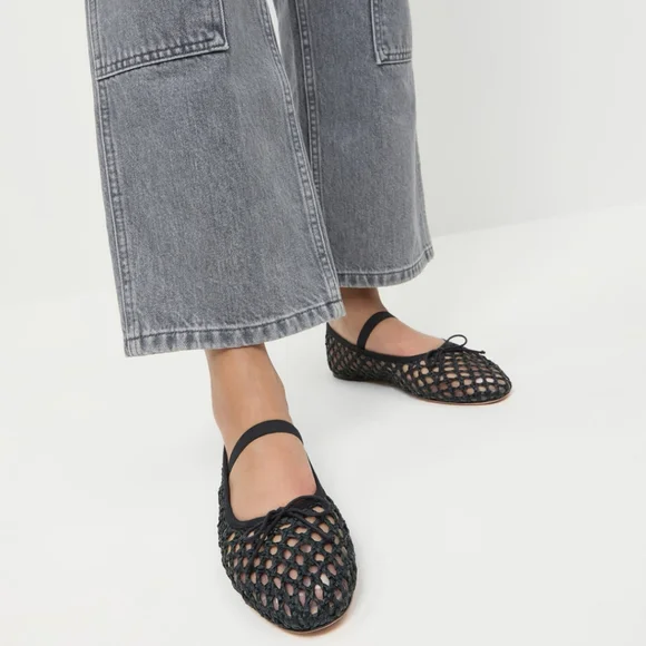 New! Loeffler Randall Leonie Black Crochet Woven Raffia Leather Ballet Flat - Picture 2 of 16